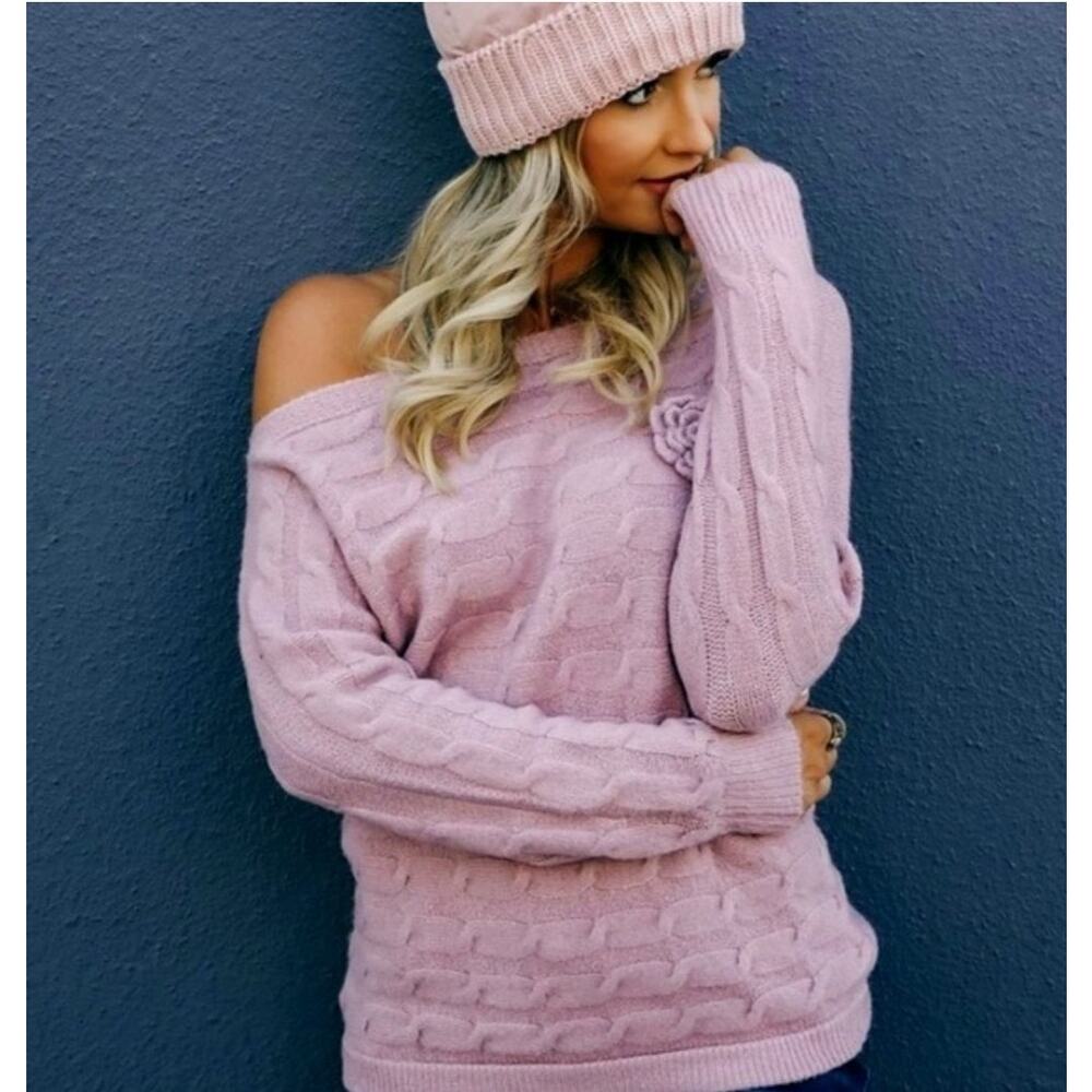 Military Hippie Forever Roses Pink Knit Sweater Size L NWT